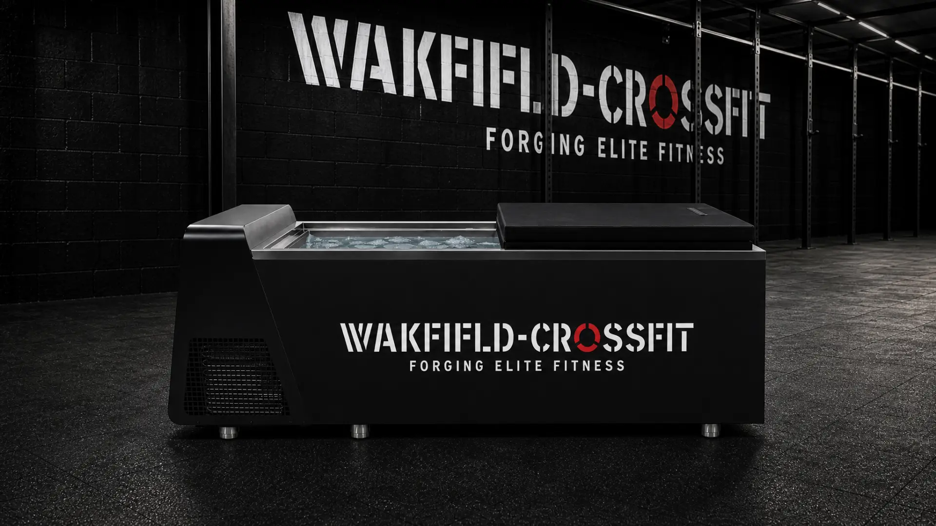 Icefall ice bath wrapped in matte black with the Wakefield CrossFit logo
